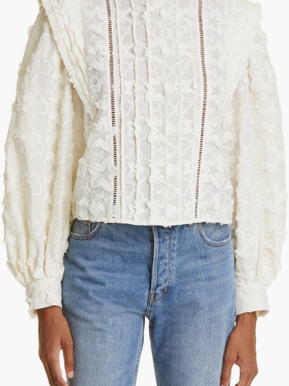 FARM Rio White Floral Lace Peasant Blouse with Puff Sleeves